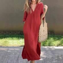 Women's Summer Bestseller Dress With Side Slits, V-Neck, 7/8 Sleeves, And Pleated Bust - 黑色 - 查看 8