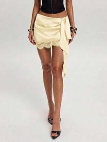 Minifalda elegante de mujer con parches de encaje y cintura con lazo, para verano - Amarillo - Ver 3