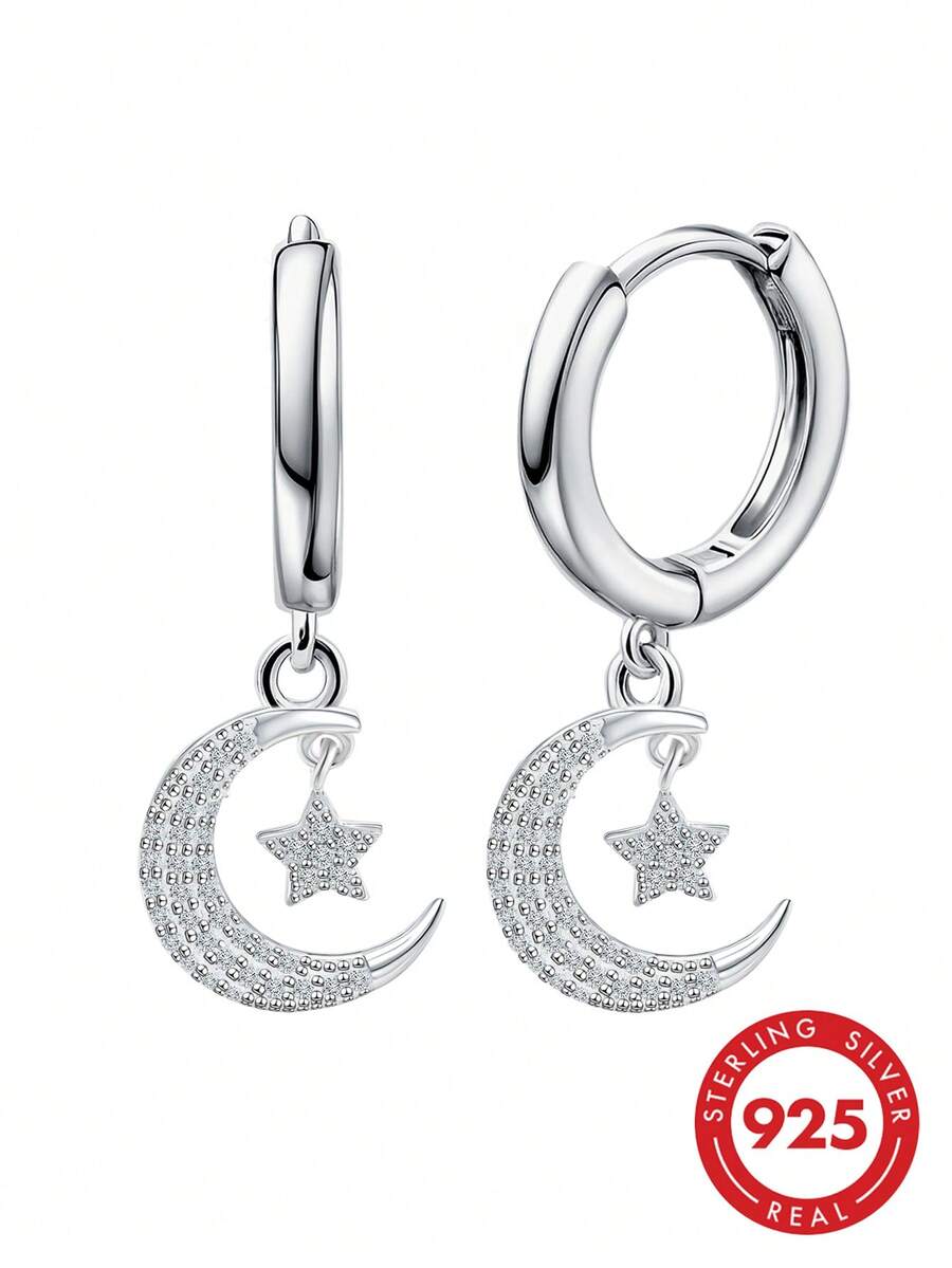 Pendientes de aro con colgante de estrella y luna de plata de ley 925 con circonita cúbica, aretes hipoalergénicos para uso diario, regalo de cumpleaños para mujeres - Plateado - Ver 1