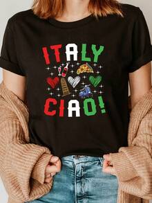 Greetings From Italy ITALIA CIAO Women's Plus Size Casual Fashion T-Shirt, Round Neck, For Spring-Summer, With Prints Of Red Wine, Pizza, The Leaning Tower Of Pisa And Motorcycle. - 黑色 - 查看 1