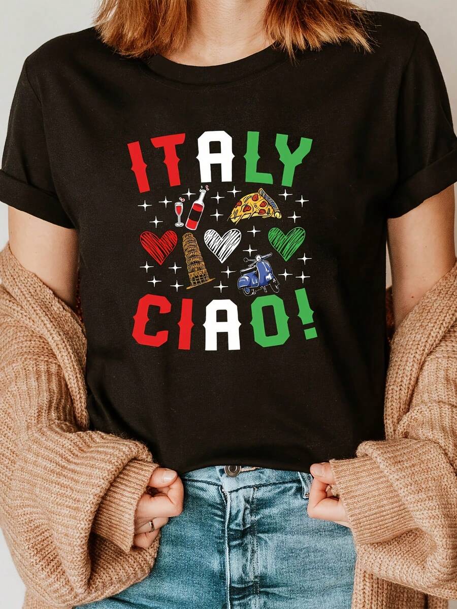 Greetings From Italy ITALIA CIAO Women's Plus Size Casual Fashion T-Shirt, Round Neck, For Spring-Summer, With Prints Of Red Wine, Pizza, The Leaning Tower Of Pisa And Motorcycle. - 黑色 - 查看 1