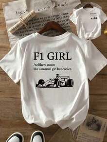 Camiseta Gráfica F1 100% Algodón - Cuello Redondo Casual, Manga Corta con Diseño de Coche de Carreras, Perfecta para Primavera y Verano, Moda Femenina, Camiseta de Coche - Blanco - Ver 7