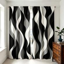 2pcs Modern Abstract Curtains, Featuring Black, White And Grey Gradient Stripe Design. 2D Flat Print, Lightweight Fabric Filters Light, Minimalist Geometric Pattern Suitable For Living Room And Bedroom - Multicolor - View 6