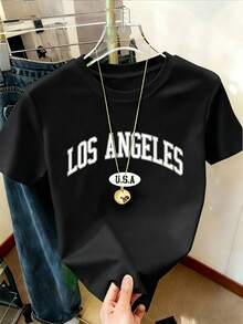 Women's Short-Sleeved Letter Print T-Shirt, Women's Graphic Tees - Black - View 5