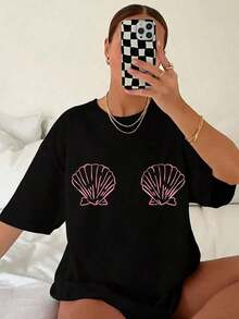 Women's Print Shell T-Shirt - Relaxed Fit Drop Shoulder Top With Soft Pink Shell Design - Everyday & Beach Shirt - Casual Blouse, Summer Apparel, Playful Graphic Tee Stylish Blouse, Adultssummer Tops Beach Outfit For Womensummer Outfit For Womenfestival Outfit - Black - View 12