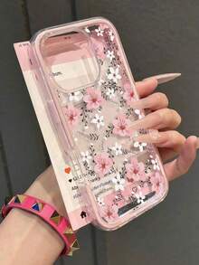1pc Pink Floral Pattern Dual-Color Shockproof Phone Case, TPU Material, Suitable As Holiday Gift, Compatible With Apple IPhone 11 12 13 14 15 16 Pro/Pro Max, 14 15 16 Plus/17, Unisex - Multicolor - View 2