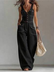 Women Fashion High Waist Jeans Heavy Industry Spliced Handmade Rhinestone Inlaid Design Straight Wide Leg Denim Pants - Black - View 1