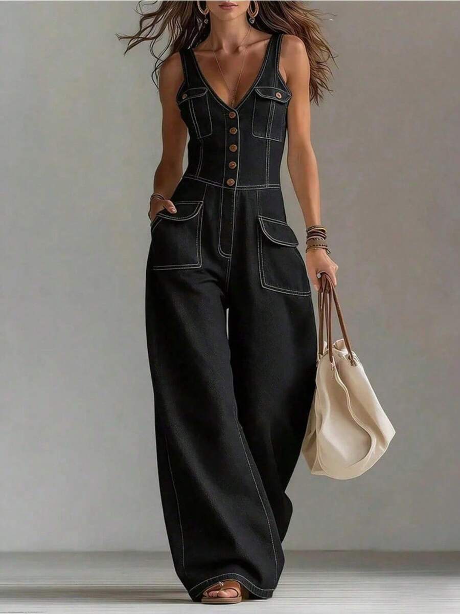 Women Fashion High Waist Jeans Heavy Industry Spliced Handmade Rhinestone Inlaid Design Straight Wide Leg Denim Pants - Black - View 1
