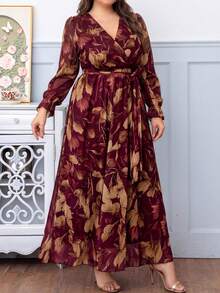 DEARCASE Plus Size Women Floral Print V-Neck Long Sleeve Dress Elegant Vacation - Burgundy - View 1