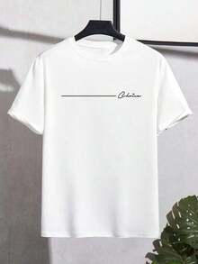 Men's Crew Neck T-Shirt, Hand-Drawn Line Art Letter Print Crew Neck T-Shirt, Minimalist Luxury Casual Vacation And Outdoor T-Shirt For Men - 白色 - 查看 3