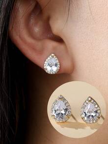 1 Pair Teardrop Zirconia Stud Earrings, Luxury High-End Unique Design, Suitable For Wedding, Banquet, Gift For Girlfriend - Earrings - View 3