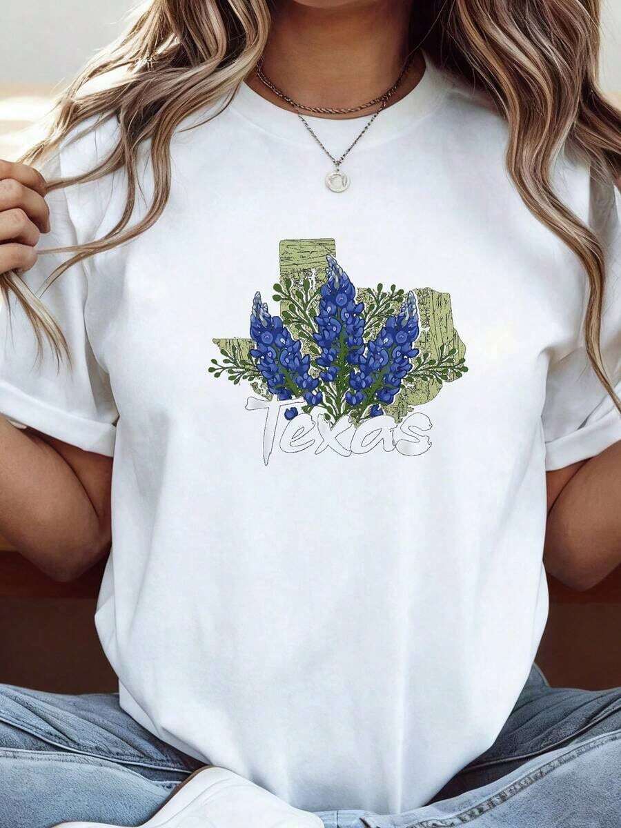 Fashionable Casual T-Shirt With Texas Wildflower And Spring Design - White 1 - View 1
