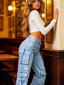 Moda De Las Mujeres De Color Sólido Versátil De Gran Tamaño De Cintura Alta Multi-bolsillo Casual Tooling Denim Pantalones De Mujer - Lavado ligero - Ver 3