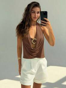 Nuevo Top Sexy Semi-Transparente con Escote Profundo, Decoración Metálica y Espalda Descubierta, Top de Hombros Descubiertos - Marrón - Ver 7