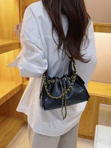 1pc Fashion Personalized Women's Crossbody Bag, PU Leather Material, Street Chain Shoulder Bag, Metal Eyelet Decor, Suitable For Outings, Gatherings, Commuting And Other Occasions. Women's Gift, Shopping, Work, Dating, Office, Travel - Black - View 8