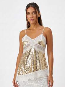 Top de tirantes de encaje y lentejuelas para mujer, ropa de verano, top de fiesta con escote en V y tirantes finos - Dorado - Ver 3