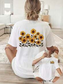 Women's Double-Sided Sunflower Print T-Shirt - Short Sleeve Crew Neck Blouse - Suitable For Casual Wear In All Seasons, Breathable Machine Washable Fabric With Sunflower Field Design, Non-Opaque Top For Layering (No Style Modification) Y2K Style Activewear, Crew Neck, 100% Cotton, Soft Fabric, Short Sleeve. - 白色 - 查看 1