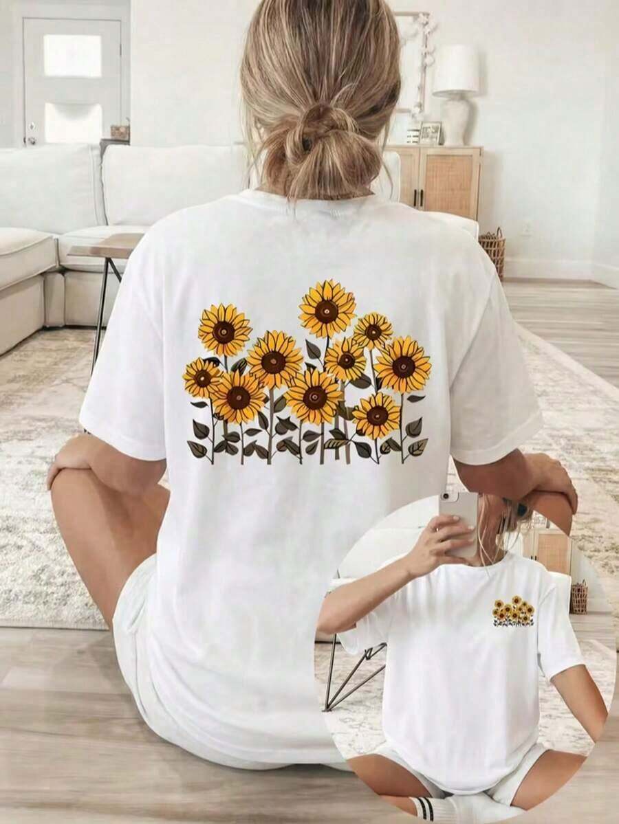 Women's Double-Sided Sunflower Print T-Shirt - Short Sleeve Crew Neck Blouse - Suitable For Casual Wear In All Seasons, Breathable Machine Washable Fabric With Sunflower Field Design, Non-Opaque Top For Layering (No Style Modification) Y2K Style Activewear, Crew Neck, 100% Cotton, Soft Fabric, Short Sleeve. - 白色 - 查看 1
