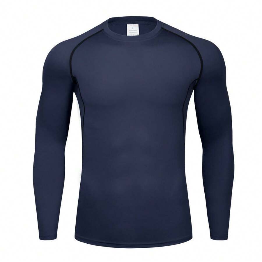 Long-Sleeved, Solid-Colored, Fitted, Colorful, Quick-Drying, Stretchy, And Breathable Sports Base Layer Suitable For Running, Basketball, Football, And Sweat-Wicking Workouts - Navy Blue Long Sleeves With Seven Colors - View 1