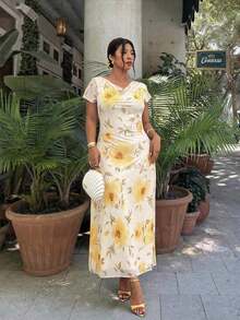 Vestido de manga corta con estampado floral de talla grande - Multicolor - Ver 3