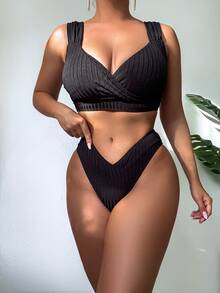New Sexy High-Waisted Bikini Style With Wide Straps And Sleeveless Top Design In Solid Color CX008 - Black - View 8
