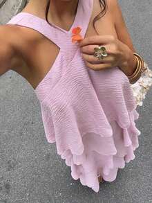 Vestido sin mangas con volantes en el bajo para mujeres, vestidos de verano para mujeres - Rosa - Ver 1