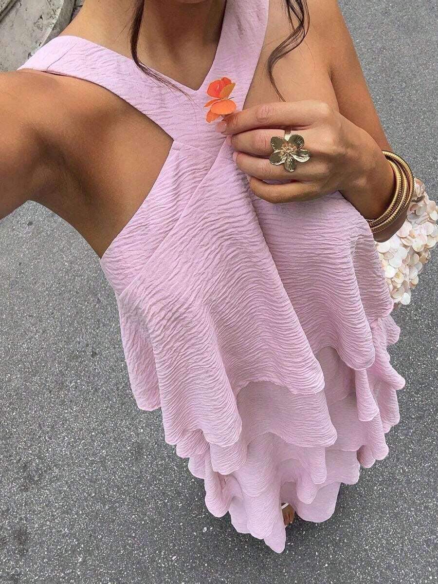 Vestido sin mangas con volantes en el bajo para mujeres, vestidos de verano para mujeres - Rosa - Ver 1