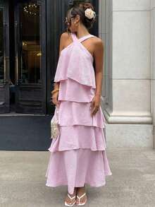 Vestido sin mangas con volantes en el bajo para mujeres, vestidos de verano para mujeres - Rosa - Ver 5