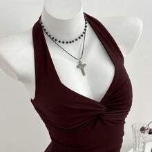 MewMuse.  Body de mujer con cuello en V y nudo delantero, minimalista y sexy, para primavera/verano - Albaricoque - Ver 4