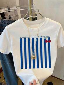 New Women's Summer Casual T-Shirt, Round Neck, Short Sleeve, Blue Letter And Shell Print, English Lettering, Versatile Casual Style, Ideal For Beach Holidays - Unisex Loose Cotton Short Sleeve Round Neck T-Shirt, Vintage Urban Style - 白色 9 - 查看 6
