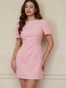 Vestido de manga larga de unicolor con bolsillo plisado, diseño de moda casual - Rojo - Ver 10