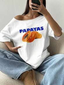 GiftFlirla Women's Loose Fit T-Shirt, White Pomegranate, Asymmetric Neck, Plus Size, Soft - 白色 2 - 查看 4