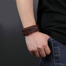 1件復古編織寬版皮革可調節手鍊，適合男士日常配戴 - 棕色 - 查看 7