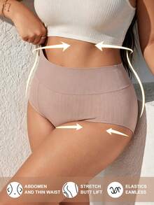 1pc Seamless Plus Size Non-Binding Postpartum High Waist Tummy Control Waist Cincher Butt Lifting Shaping Triangle Panties - Khaki - View 7