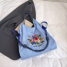 1pc Floral Embroidery Nylon Fabric Large Capacity Open-Top Tote Bag, Adjustable Drawstring Shoulder Strap, Casual Commute & School Bag, Detachable Strap - Multicolor - View 10