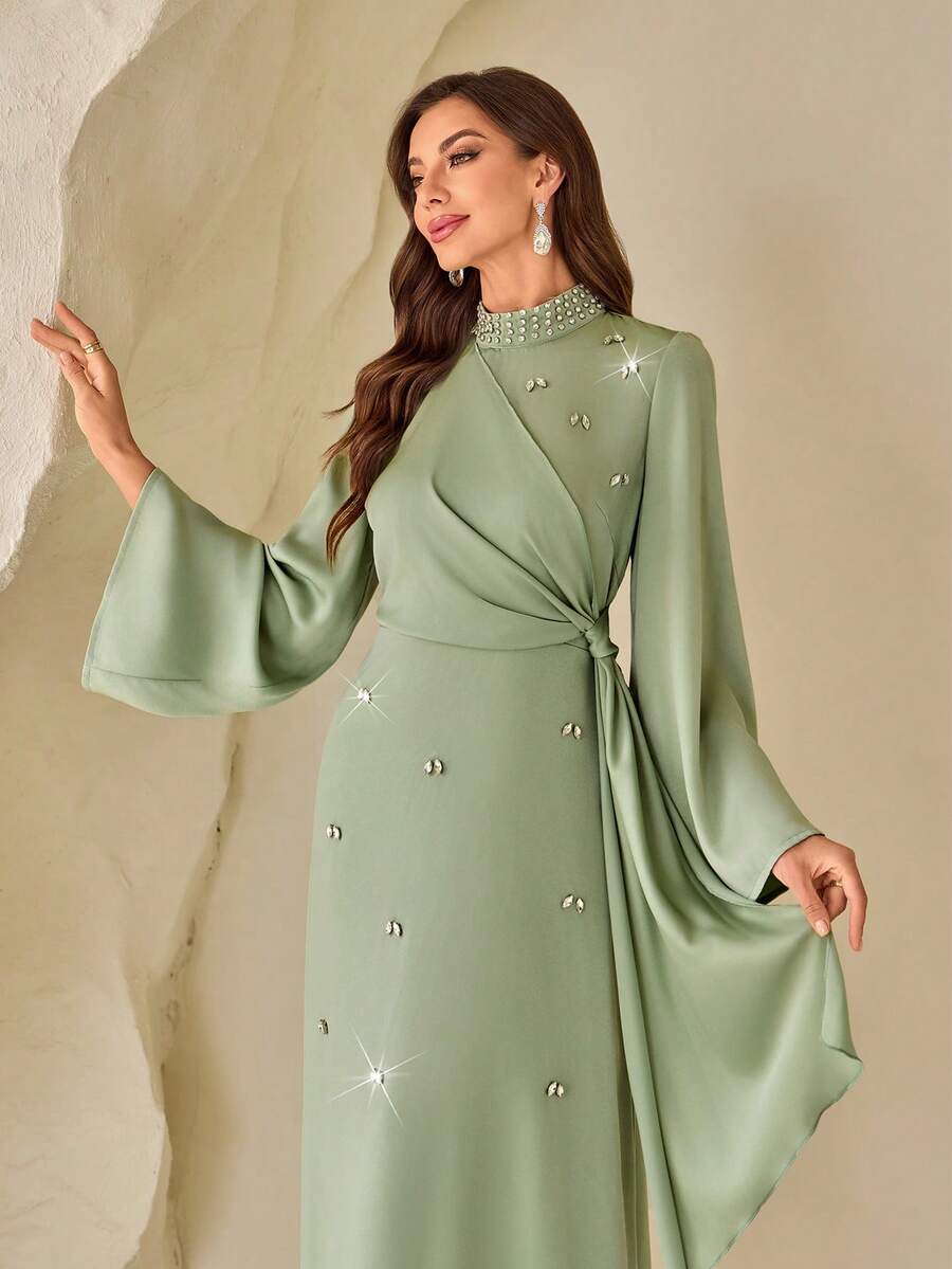 Women's Solid Color Stand Collar, Pearl Trim, Elegant Dress With Side Tie Satin Look Spring - Green - View 1