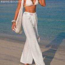 Yunuo Menswear Swim Vcay Pantalones de playa casuales de mujer con parches tejidos blancos, nudo de bambú y borlas huecas - Blanco - Ver 7