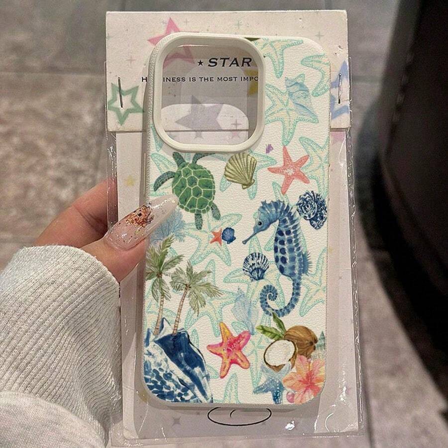 1 pieza Funda de teléfono de material TPU con patrón de estrella de mar, árbol de coco y concha, compatible con iPhone/compatible con teléfonos Redmi - Multicolor - Ver 1
