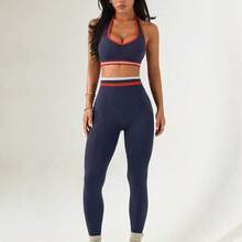 guangzhougaolangshangmao Slayform Conjunto de top de cuello halter de bloques de color y leggings ajustados para mujer, atuendo casual para actividades al aire libre - Azul marino - Ver 7