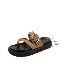 New Fashion Metal Buckle Decor Slip-On Platform Sandals, Comfortable & Versatile For Daily Wear - Khaki Leather - View 6