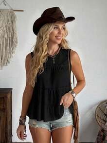 Chaleco holgado de mujer con cuello redondo y ribete de volantes en unicolor, adecuado para vacaciones, oficina, uso diario, estilo occidental, estilo bohemio, babydoll - Negro - Ver 4