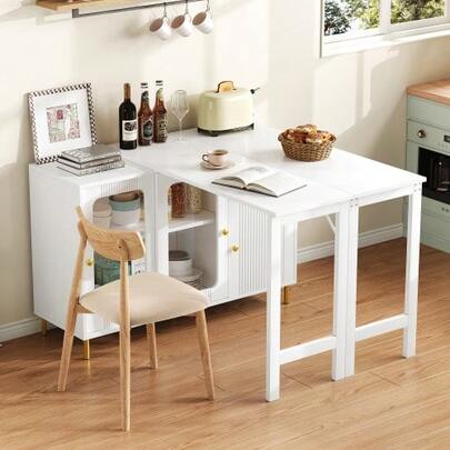 Modern White Buffet-Sideboard With Handles And Other Tischplatte, Drehbarer Oberfläche, Golden Metallbeinen, Glasschiebetüren And Wellenmuster – Perfect For Esszimmer And Küche