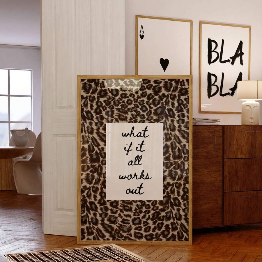 1pc Frameless Neutral Maximalist Leopard Print 'What If All Works Out?' Inspirational Quote Wall Art - Bold Typography Girly Aesthetic Animal Poster, Dorm Bedroom Apartment Decor, For Home Office Classroom, Room Decor Bedroom, Prints For Wall, Posters, Vintage Decor & Best Gift Choice - Leopard Print - View 1