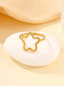 1pc Stainless Steel Minimalist Golden Flower Shaped Ring, Suitable For Women's Daily Wear Or Gift - Yellow Gold - View 3