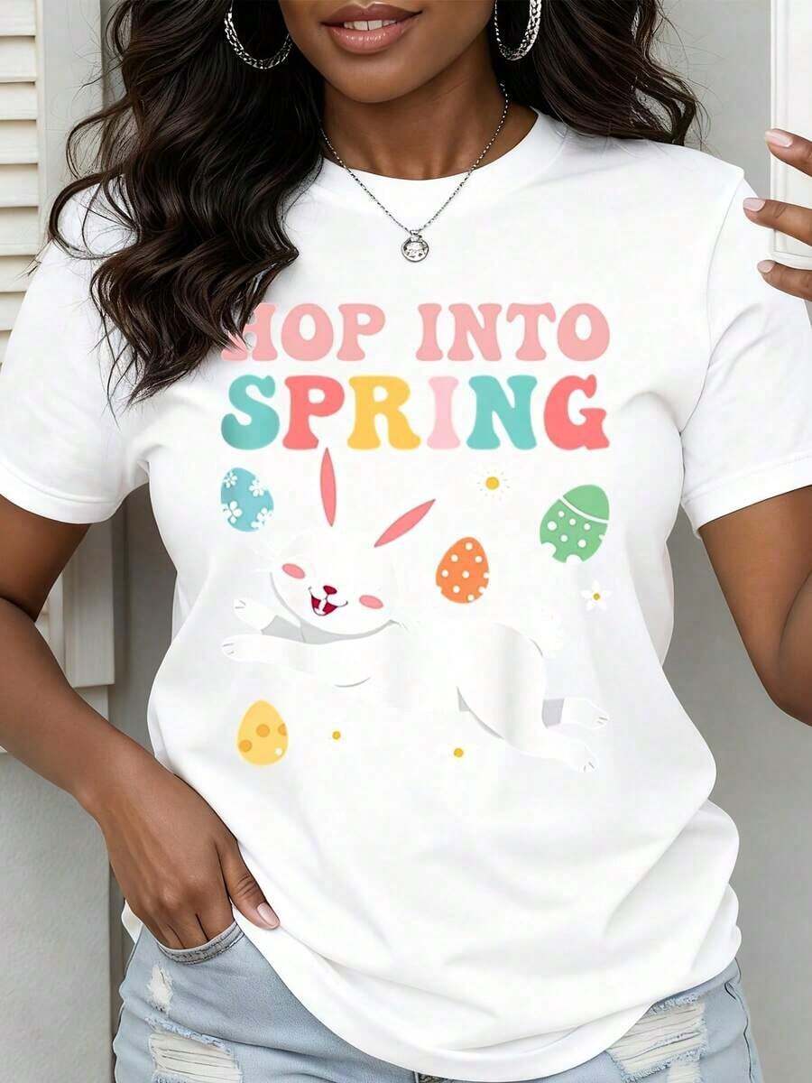 New Spring/Summer 2026 Fashion Short-Sleeved T-Shirt, Made In Mexico, 200g. 100% Cotton. "Hop Into Spring" White T-Shirt With Easter Bunny And Colorful Egg Print For The Spring Season. Cartoon Print Design, Suitable For Couples, Perfect For Layering Or Wearing Alone. Crew Neck, Versatile And Unisex. Suitable For Both Office And Casual Occasions. Individually Packaged. The Perfect Short-Sleeved T-Shirt For Summer. - 白色 - 查看 1