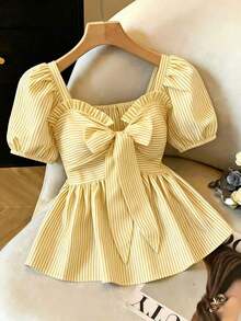 Blusa/camisa casual/de trabajo/de vacaciones con mangas de pétalo, cintura recogida y bajo acampanado, con lazo delantero y rayas azules - Amarillo - Ver 12
