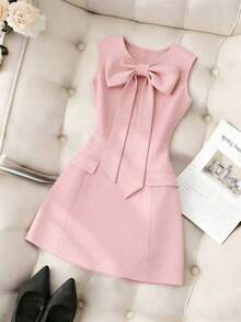 Vestido de mujer de unicolor, cuello redondo, ajustado, con lazo delantero y sin mangas - Rosa - Ver 1