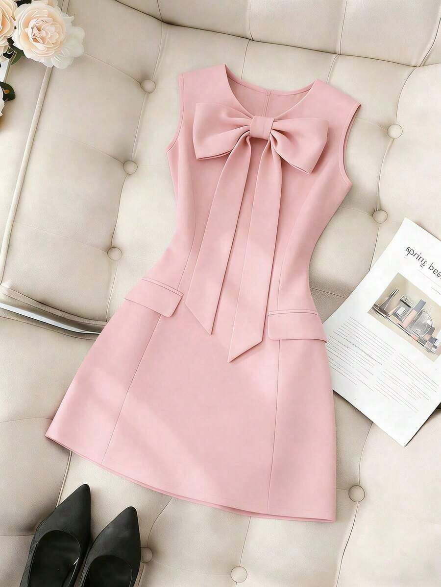 Vestido de mujer de unicolor, cuello redondo, ajustado, con lazo delantero y sin mangas - Rosa - Ver 1