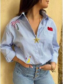 Camisa de manga larga casual con rayas y bordado, blusa casual con bordado para mujer, diseño nuevo de primavera/verano, versátil y de moda para vacaciones - Amarillo - Ver 9