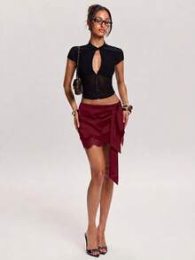 Minifalda elegante de mujer con parches de encaje y cintura con lazo, para verano - Burdeos - Ver 5